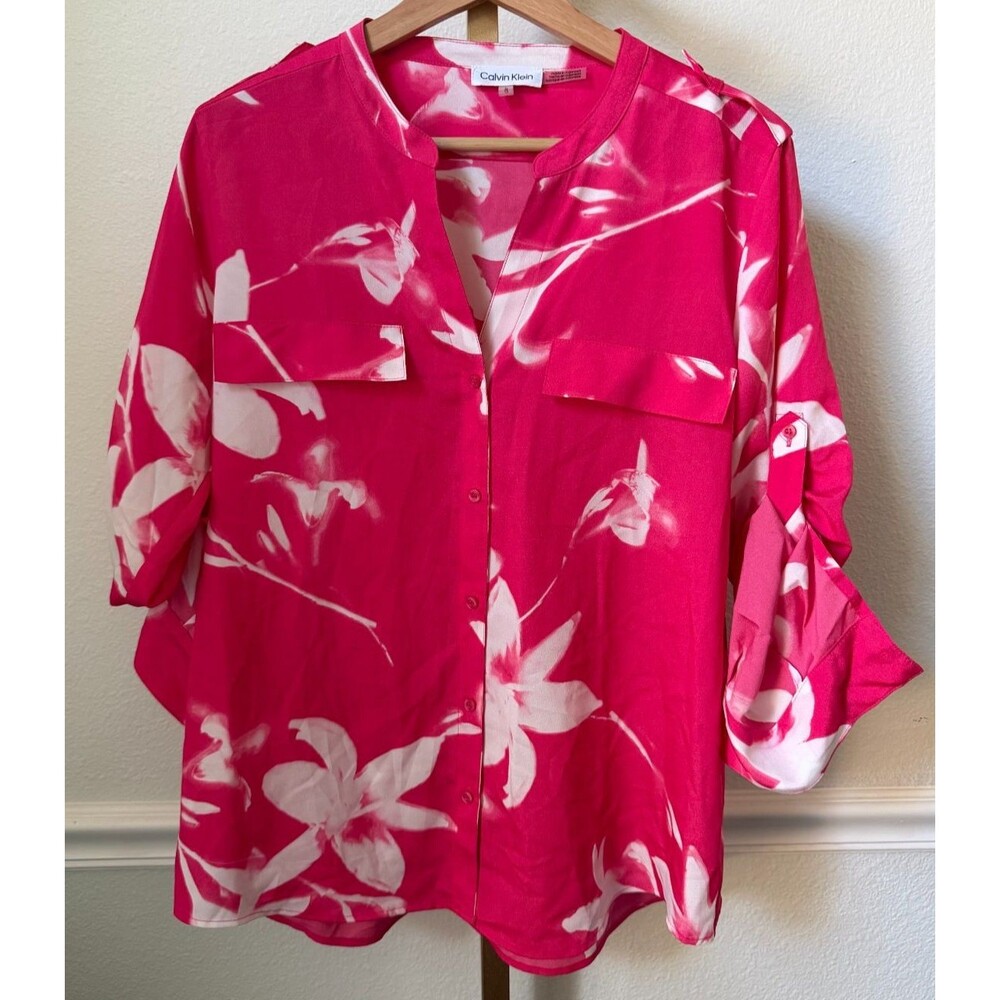 Calvin Klein Womens Floral Button Up Blouse LARGE Pink White Office Romantic